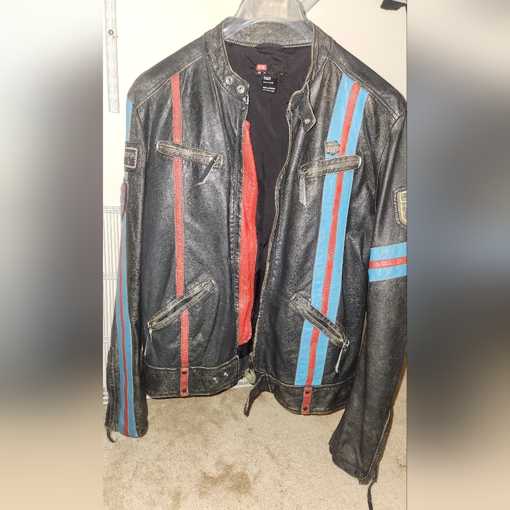 Diesel Black Leather Bomber Jacket with Red and Blue Accents